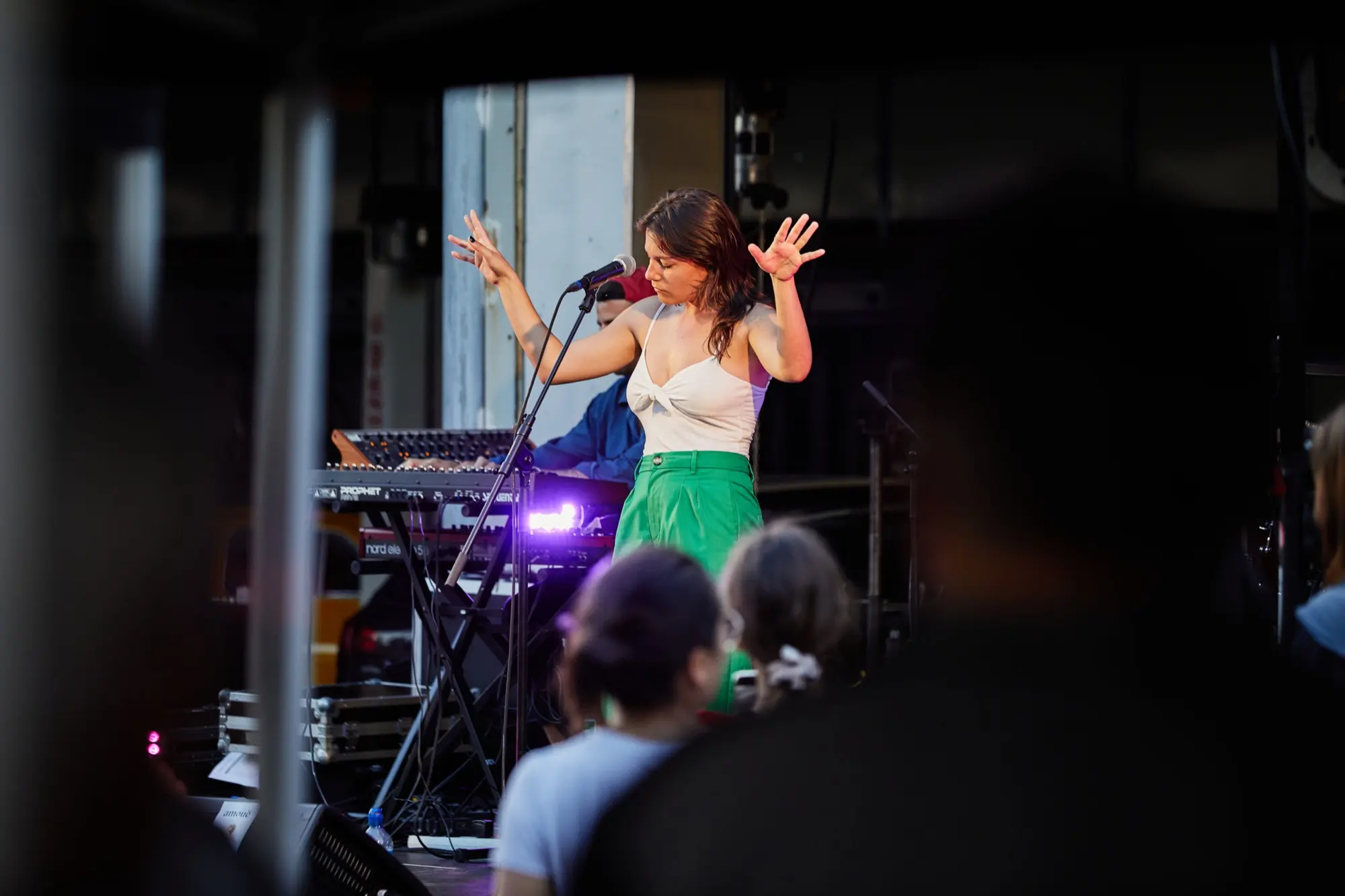 Une chanteuse sur scène, avec des spectateurs au premier plan.